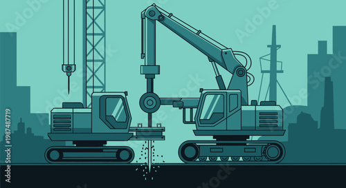 Construction Equipment Working Together, Collaborative Building, Vector Illustration, Urban Scene