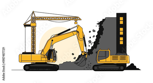 Construction Equipment Demolishing Structure Under a Yellow Crane Illustration