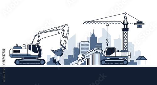 Construction Equipment Working Together, Depicting City Building and Urban Development