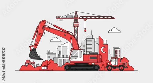 Construction Equipment Depicted Amidst a Developing Skyline Representing Urban Renewal