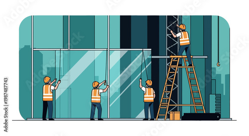 Construction Crew Installing Modern Glass Facade on High-Rise Building's Exterior
