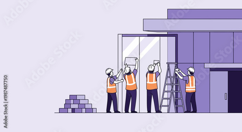 Construction Crew Installing New Panels on Modern Building Facade Illustration