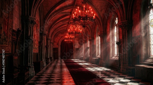 Gothic Cathedral Hallway with Red Chandeliers and Sun Rays