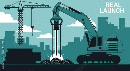 Construction Equipment Working Under Blue Sky in a Contemporary And Clean Vector Style