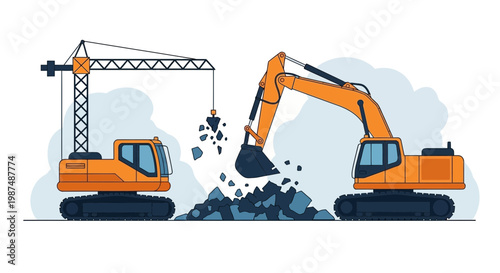Construction Equipment Working Together, Excavating and Lifting Materials In Seamless Coordination