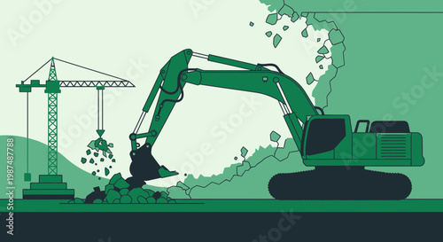 Construction Equipment Depicted Performing Demolition and Material Handling Illustration