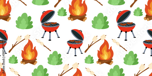 Camping pattern with barbecue grill, campfire and marshmallows. Repeat background featuring outdoor cooking elements including portable kettle BBQ with sausages, bonfire flames, roasting sticks.