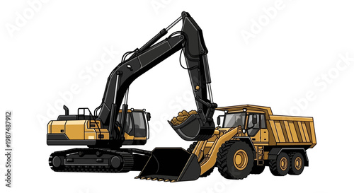Construction Equipment Depiction: Excavator Loading a Dump Truck Against White Background