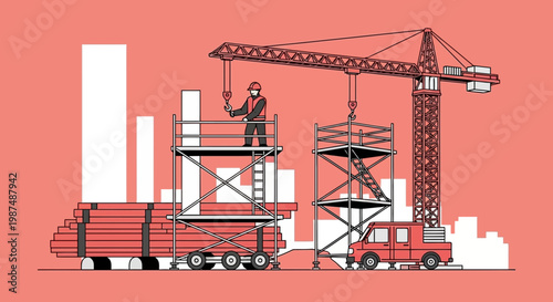 Construction Illustration Depicting Crane Operation, Scaffolding, and Building Site Activity