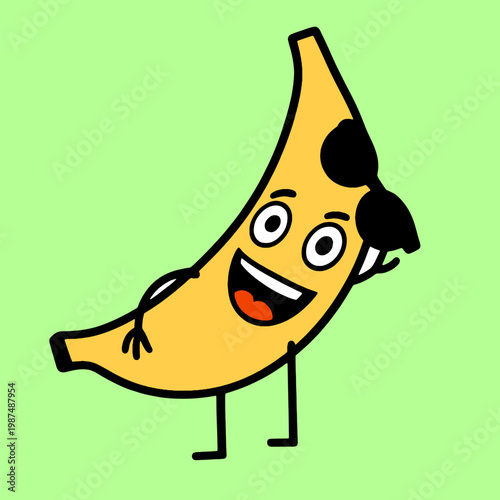 Happy Banana Cartoon Character Wearing Sunglasses and Smiling.