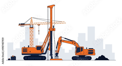 Construction Equipment Depiction In Front Of A City Outline, Illustrating Building Progress