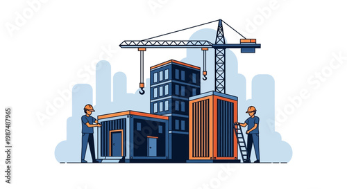 Construction Illustration Depicting Workers and Buildings with a Crane in an Urban Setting