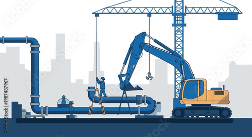 Construction Illustration Depicting Pipeline Installation and Heavy Equipment Operations