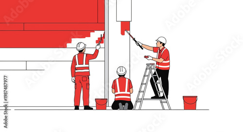 Construction Crew Painting Building Exterior, Working Together on Redesign Project