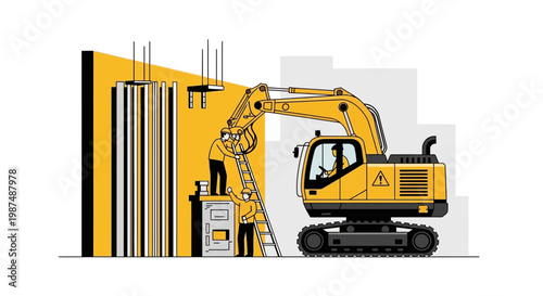Construction Illustration: Excavator And Builders Assembling Architectural Structures