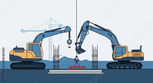 Construction Illustration: Excavators Working Together to Execute Building Development