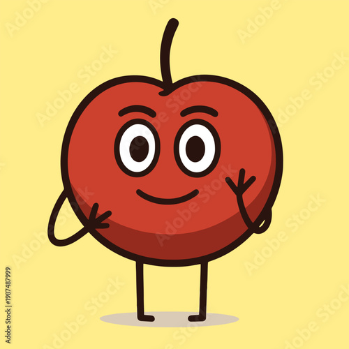 Cute Red Apple Character Waving and Smiling Happily.