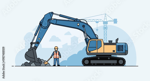 Construction Illustration Featuring Detailed Excavator, Construction Worker, And City Background