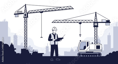 Construction Site: Architectural Plans And Crane Operation In Urban Development Scenery