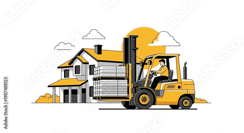 Construction Illustration Featuring Forklift Delivering Construction Materials to a New Home