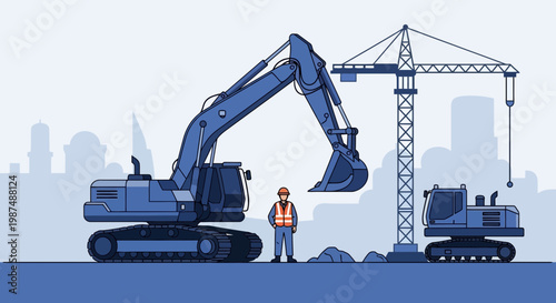 Construction Illustration: Featuring Heavy Machinery, a Worker, and City Background Design