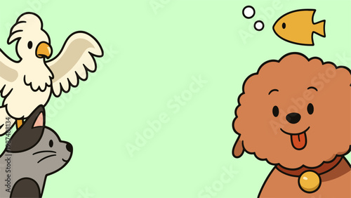 Cute cartoon animals: dog cat parrot and fish illustration.