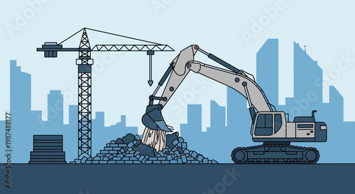 Construction Equipment Working At A Building Site Amidst The City Skyline