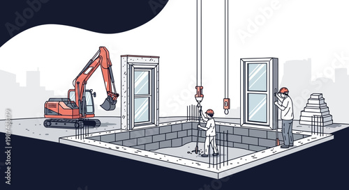 Construction Illustration Showcasing Building Foundation And Installation Of Windows And Men Working