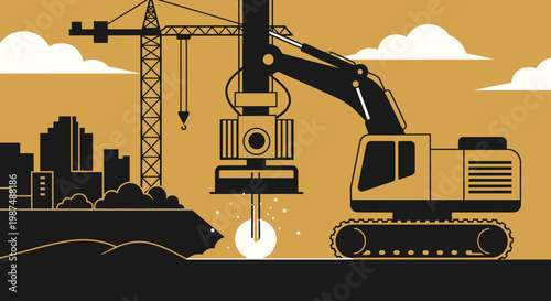 Construction Equipment Working At A Site With Buildings and Clouds in the Background