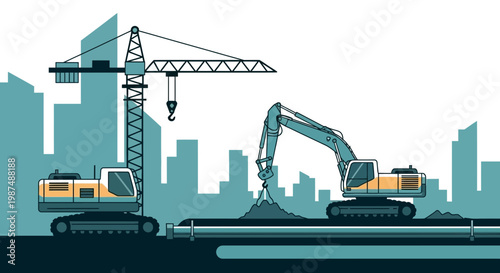 Construction Equipment With City Silhouette: Urban Infrastructure and Engineering Projects