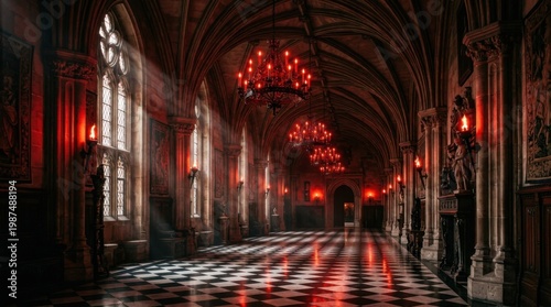 Grand Arched Corridor with Red Light and Dramatic Sunbeams
