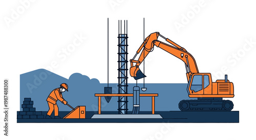 Construction Illustration Showing Heavy Machinery and Worker Involved in Building Process