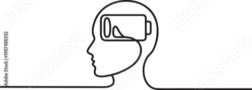 human head profile with battery level single line art. minimalist psychological concept of mental energy burnout and recharge.one line drawing vector illustration
