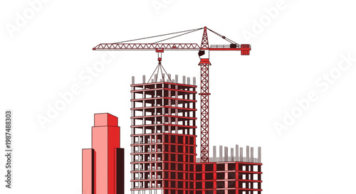 Construction Site: Cranes Building Contemporary Structures with Red Outlines and White Background