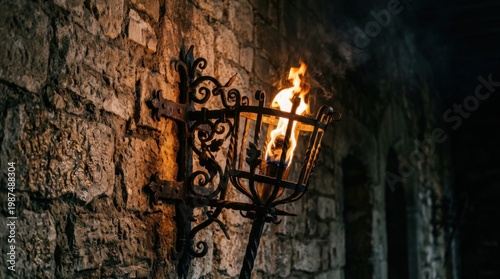 Burning Wall Torch in Old Stone Corridor with Atmospheric Smoke