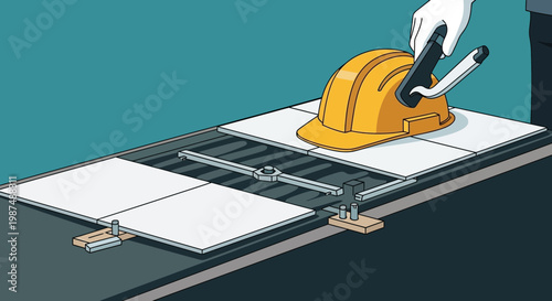 Construction Illustration Showing Helmet and Tiles Placement With Modernized Architectural Design