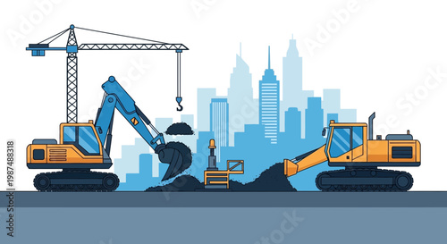 Construction Equipment Working On Project With City Skyline Illustration Design