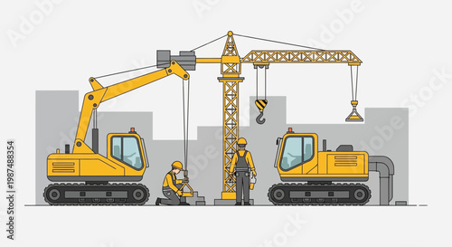 Construction Site: Cranes and Heavy Machinery With Workers Performing Their Tasks