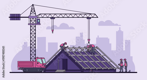 Construction Illustration Showing Workers Assembling Roof Structure Near Crane and Transport Vehicle
