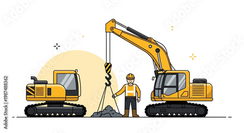 Construction Illustration: Worker Supervising Excavators and Hoisting Materials on Site