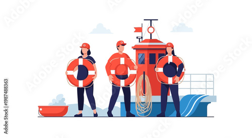 Team of lifeguards on rescue boat ready for emergency at seaside