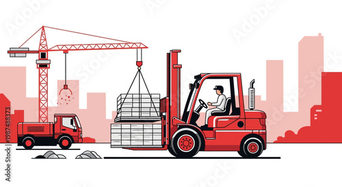Construction Site: Cranes, Trucks and Forklifts, Transporting Building Materials for Development