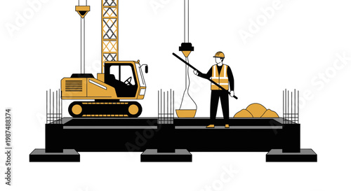 Construction Illustration Showing Heavy Machinery and Worker Carrying Out Building Operations