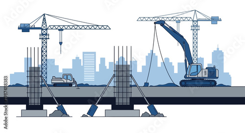 Construction Site: Cranes, Excavators, and Skyline Illustrate Urban Development Projects Precisely