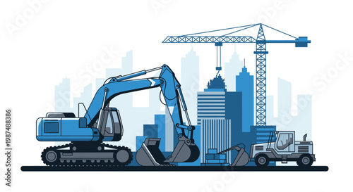 Construction Equipment Working Together Builds Skyscrapers And Modern Cityscapes Quickly