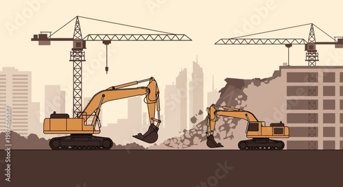Construction In Progress In The City With Heavy Machinery Working On Buildings