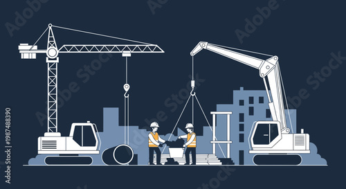 Construction Site: Cranes, Workers, and Building Elements in Vector Art Style