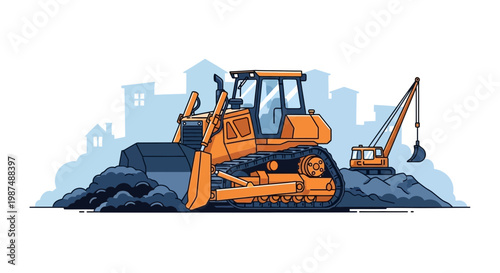 Construction Equipment Working Together in a Building Site Cartoon Illustration