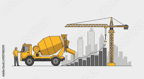 Construction Industry Growth Depicted With Concrete Mixer Truck And Crane