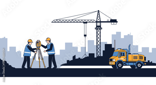 Construction Site Illustrated With Surveyors, Crane, and Heavy Truck For Development Projects
